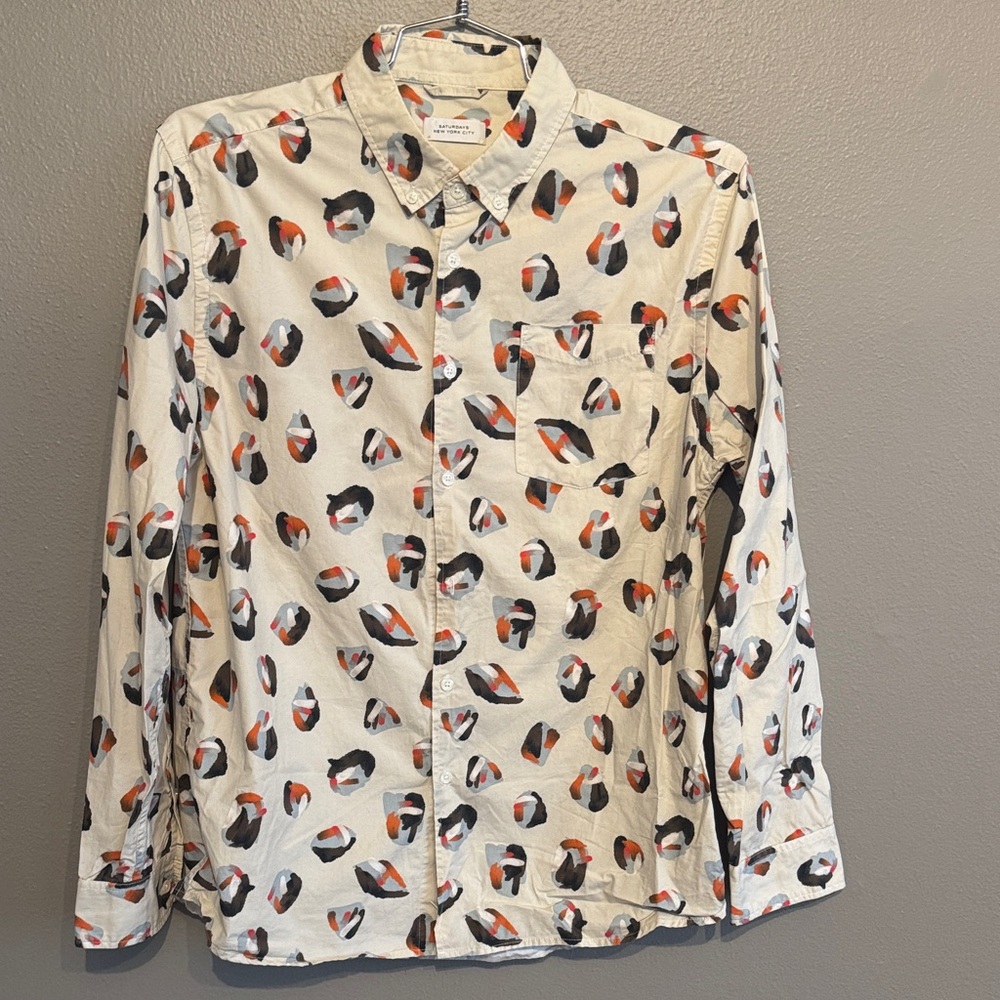 Saturdays New York City Cream Button-Down Shirt with Orange & Black Print